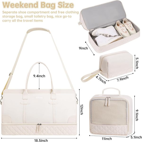 Weekender Overnight Bags for Women, Large Travel Duffle Bags with Shoe Compartment & Wet Pocket, Carry On Tote Bag Gym Duffel Bag with Toiletry Bags for Hospital 3 Pcs Set, Large Size, Beige