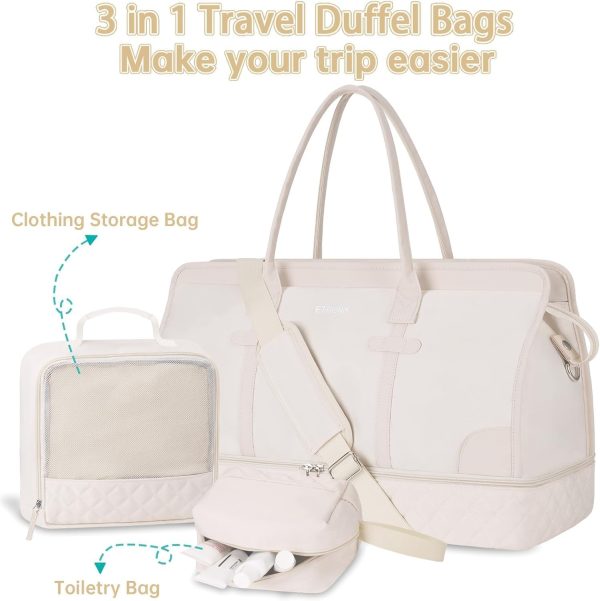Weekender Overnight Bags for Women, Large Travel Duffle Bags with Shoe Compartment & Wet Pocket, Carry On Tote Bag Gym Duffel Bag with Toiletry Bags for Hospital 3 Pcs Set, Large Size, Beige